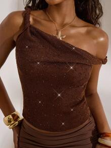 Opulessa 女士纯色亮片不对称领口修身上衣，度假风格，休闲夏日度假，波西米亚海滩度假，波西米亚风情，节日庆典，海滩，夏季，毕业典礼，生日，海滩必备品，女士机场装，7 月 4 日女士装，俱乐部装 - 棕色 - 查看 1