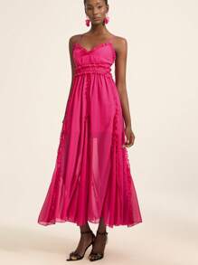 Femmeiva Solid Color Chiffon Spaghetti Strap Waist Flared Hem Vacation Style European And American Women's Ruffle Trim Sleeveless Dress - Hot Pink - View 3