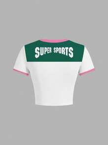 THE POWERPUFF GIRLS X SHEIN Crew Neck Short Sleeve Tight Cropped Contrast Trim Collar Summer Casual Cartoon Cute Interesting Sport Ballerina Style Retro Blossom, Bubbles, Buttercup Pattern Full Cover Tight Fitted Women T-Shirt Suitable For Going Out - White - View 5