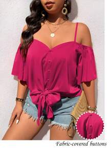 SHEIN LUNE Plus Size Fashion Casual Retro V-Neck Off-Shoulder Tie-Up Blouse - Pink - View 5