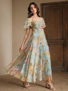 Anewsta 花卉优雅复活节假期早午餐服装女式印花飘逸花卉连衣裙，优雅休闲茶歇裙 - 藍色 - 查看 5