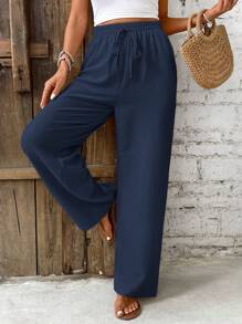 SHEIN PETITE CURVE Plus Size Women's Solid Color Straight Elastic Waist Drawstring Casual Pants - Navy Blue - View 5