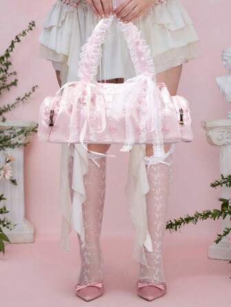 Kawaii Vintage Cute Bowknot Pattern Lace Decor White Round Handbag, Shoulder Boston Bag For Women, Girly Style