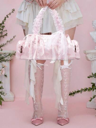 Kawaii Vintage Cute Bowknot Pattern Lace Decor White Round Handbag, Shoulder Boston Bag For Women, Girly Style