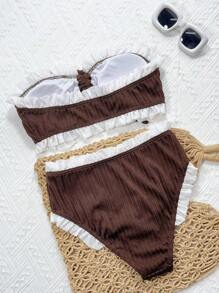 Swim Mod Bộ đồ bơi bikini đi biển thường ngày bằng vải họa tiết trơn màu dành cho nữ, mùa hè - Cà phê nâu - Xem 2