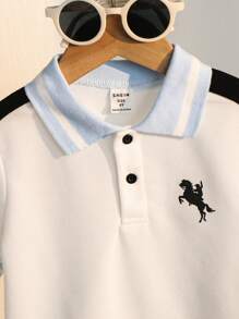 男童休闲舒适百搭图案拼色袖 Polo 衫 - 淺藍色 - 查看 3