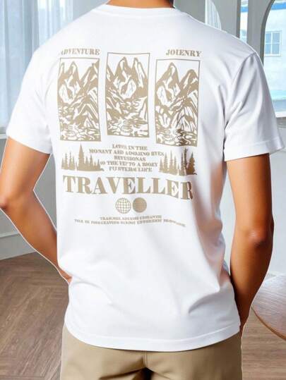 SHEIN 青少年男孩简约山峰印花卡其色短裤和短袖 T 恤套装，休闲