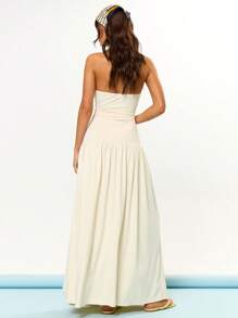 MUSERA 无肩带低腰宽松褶皱长裙，适合毕业舞会、生日、夏季假期、节日等场合，可爱休闲又不失优雅，适合托斯卡纳阳光、伊比沙岛、婚礼、海滩、新娘、单身派对、告别单身派对、婚礼等场合。 - 奶油色 - 查看 4
