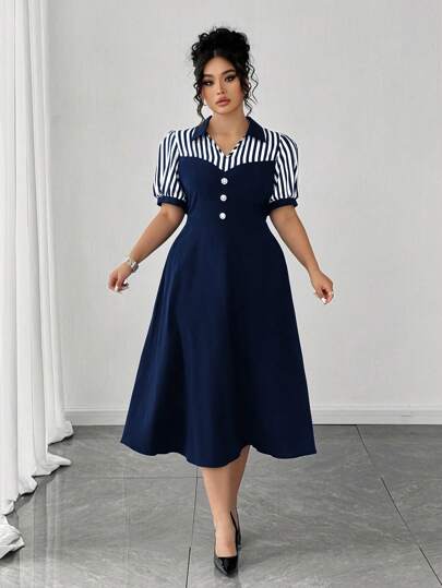 Elenzga Gaun Elegan Wanita Ukuran Besar untuk Musim Panas, Motif Garis-garis, Lengan Pendek, dan Desain Kancing
