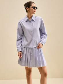 Muvela 2 件女式夏季条纹长袖衬衫和百褶迷你裙套装，优雅女士装 - 藍白色 - 查看 7