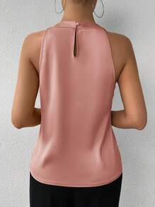 SHEIN Privé 女士优雅纯色香槟色无袖衬衫，带褶领，适合办公室通勤和日常穿着 - 藕粉色 - 查看 2