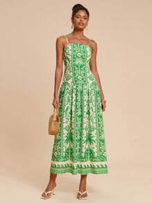 Travachic 女士热带植物印花细肩带A字连衣裙，适合度假