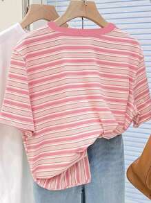 SHEIN Pink Striped + Heart Embroidery Graphic Round Neck Regular T-Shirt