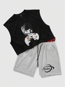 ROMWE MEN Street Life 2pcs/Set Men's Streetwear Graphic Print Tank Top And Shorts Suit - Black - View 3