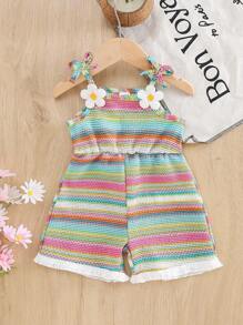 SHEIN Vintaside Kids قطعة واحدة رومبر بدون أكمام للبنات الصغار مزين بتطريز ثلاثي الأبعاد على شكل زهور، خصر مرتفع، قماش ناعم ومريح، جمبسوت قفزة مزينة بشرائط نمط مطبعة بالورود بطراز قديم، متعددة الاستخدامات وأنيقة للشاطئ والسفر والاستخدام اليومي ، وصول جديد لفصل الصيف