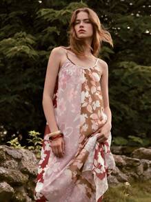 Lumivelle SummerHoliday Women's Fashionable European & American Style Flower Print Patchwork Loose Sleeveless Dress, Summer