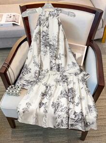 SHEIN LUNE 2pcs Women Summer Ink Print Sleeveless Halter Blouse & Mini Skirt Set