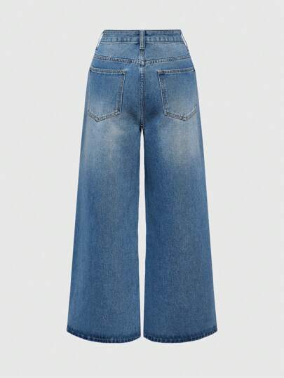 Kawaii Jeans casuales de ajuste holgado con bolsillo y diseño de lazo a cuadros para mujeres