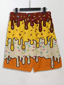 Manfinity RSRT Pantalones cortos casuales de playa con cordón y estampado total para hombres, adecuados para el verano, estilo hawaiano