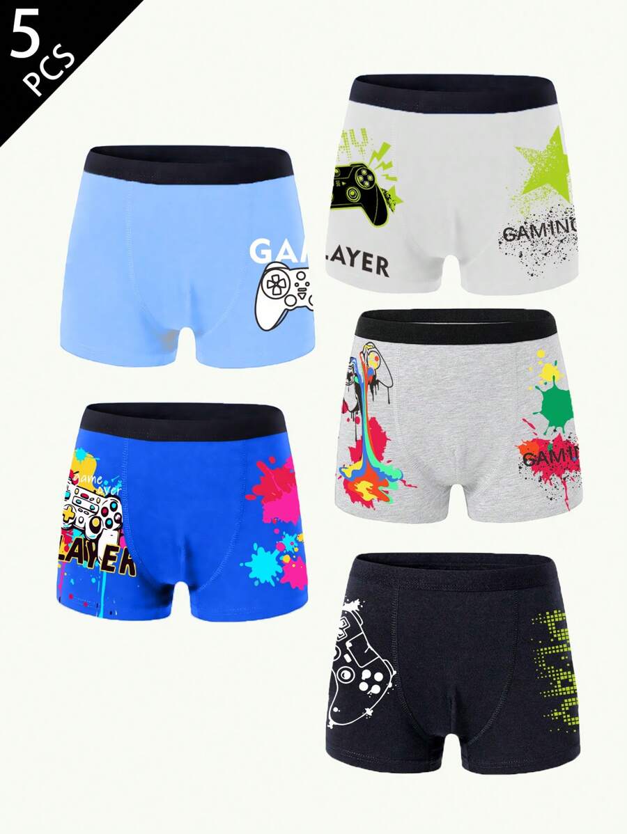 5pcs/Pack Boys' Cotton Gaming Print Boxer Briefs, Comfortable Underwear - Multicolor - View 1