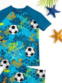 SHEIN Young Boy Casual Loose Fit Round Neck Short Sleeve T-Shirt And Shorts Swimming Trunks Set, Suitable For Summer - Multicolor - View 5