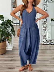 EMERY ROSE 大码女式哈伦阔腿宽松休闲挂脖牛仔连体裤 - 深色水洗藍 - 查看 4