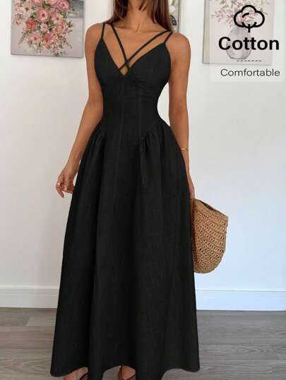 Siren Gaze 女式纯色交叉前露背细肩带连衣裙