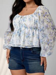 SHEIN ICON 大码女式花卉印花灯笼袖前系带休闲T恤 - 藍白色 - 查看 2