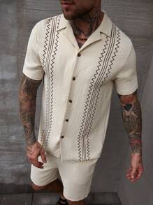 Manfinity CasualCool Conjunto de camisa de manga corta con estampado de verano + pantalones cortos con cordón para hombre