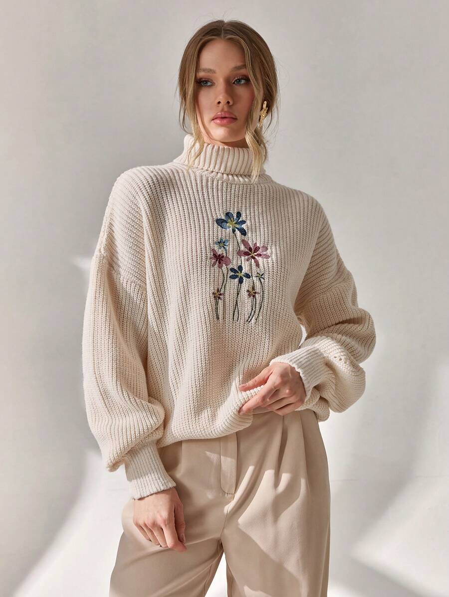CLARA VERO Women Solid Color Turtleneck Flower Embroidery Drop Shoulder Chunky Pullover Turtleneck Sweater Women Floral Embroidered Sweater Knit Sweater Women's Winter Sweaters Balloon Sleeve Sweater,Jumper,Cream Jumper,Jumpers,Christmas Jumper,White Jumper,Black Jumper,Ladies Jumper,Women's Jumpers - Beige - View 1