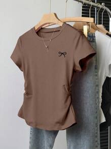 SHEIN Explorewe Tween 女童蝴蝶结印花圆领短袖荷叶边休闲 T 恤，夏季