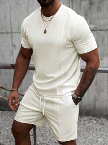 Manfinity CasualCool Completo estivo da uomo basic a tinta unita in maglia, collo rotondo, maniche corte, due pezzi, adatto per uso casual quotidiano, regalo adatto per marito e fidanzato