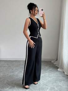 Selianne 女式夏季撞色无袖西装外套和阔腿裤套装