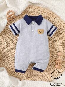 SHEIN Summer Newborn Baby Boy Lapel Splicing Gray Short Sleeved Bear Romper Fashionable Casual Sports
