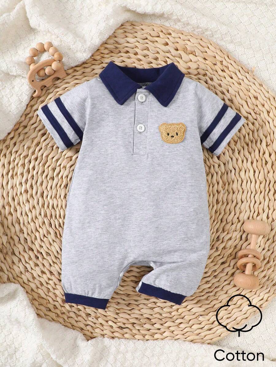 SHEIN Summer Newborn Baby Boy Lapel Splicing Gray Short Sleeved Bear Romper Fashionable Casual Sports