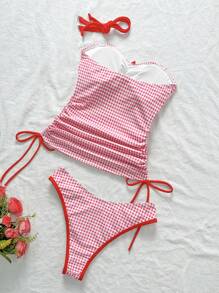 Swim Mod Women's Summer Plaid Random Print Spaghetti Strap Ruched Drawstring Bow-Knot High Cut Bikini Set - Multicolor - View 5