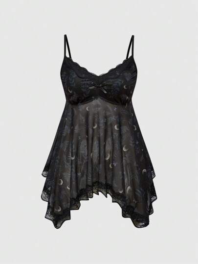 Vintage romantisches Gothic Stern Mond Pflanze Mesh Allover Muster Trägerhemd