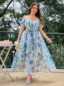 SHEIN MOD 加大码蓝色花卉数码印花露肩中长连衣裙，宫廷风格。女士夏装。花园派对礼服，女士生日礼服，女士节日服装，女士连衣裙 - 彩色 - 查看 3