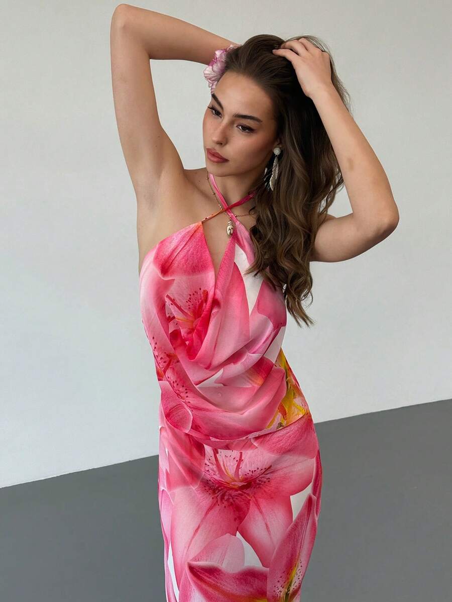 Aloruh New Chiffon Sexy Plunging Neck Lily Print Dress For Women, Great For Spring/Summer Vacations - Multicolor - View 1