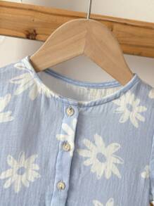 Loomiva Young Girls Floral Print Round Neck Woven Cinched Waist Short Sleeve Dress, Spring/Summer - Multicolor - View 3