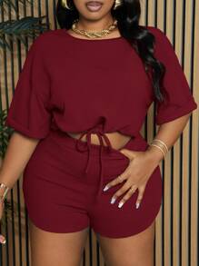 Slaydiva Slayr Plus Size Plain Drawstring Slit Two Pieces Outfits, Casual Summer Set - Burgundy - View 3