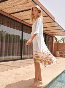 Maija 女式撞色条纹抽绳腰部罩衫连衣裙 - 白色 - 查看 1