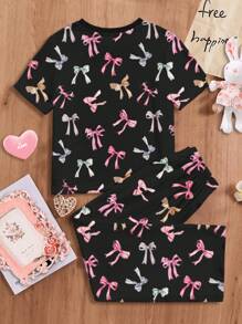 SHEIN Young Girls'' Casual Minimalist Fitted Crew Neck Short Sleeve Pants Home Wear, Suitable For Summer - Multicolor - View 2