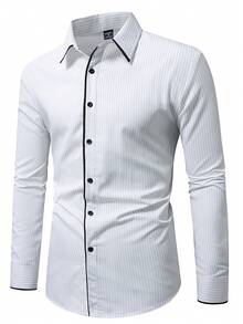 Manfinity Mode Men's Striped Long Sleeve Single-Breasted Casual Shirt For Commuting, Fall - White - View 6