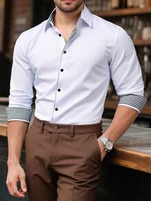 Manfinity Mode Men's Striped Long Sleeve Single-Breasted Casual/Commute Shirt, Fall - White - View 1