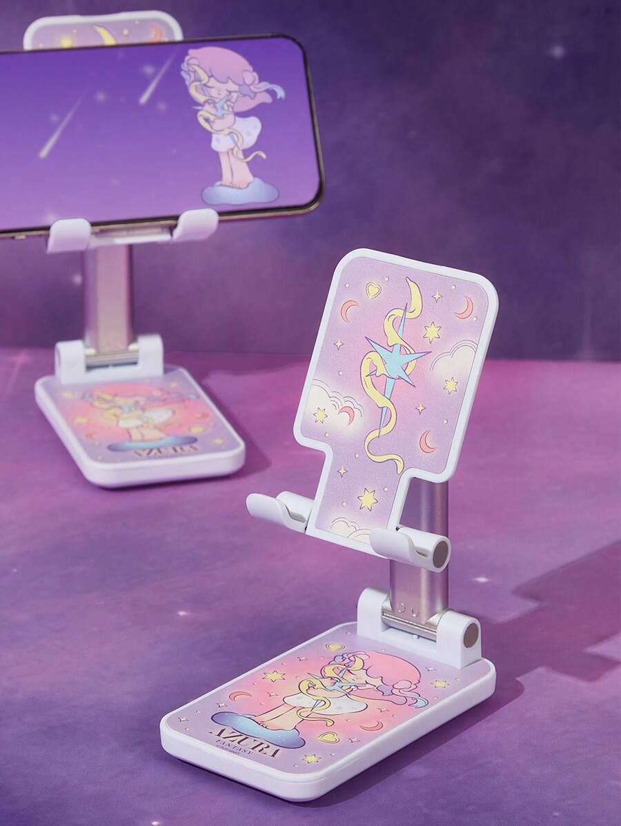 Pop Mart Azura X SHEIN 卡通图案可调节折叠手机支架，兼容手机和平板电脑，带防滑底座和便捷充电接口。耐用的手机底座带有保护垫 - 白色 - 查看 1