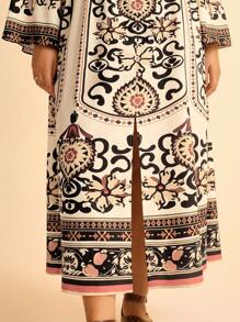 CAJUNI Vestido largo de estilo bohemio con estampado floral, cuello en V, de manga larga y holgado con calado para mujer de talla grande para vacaciones