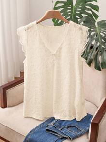 SHEIN Frenchy Áo thun ren trơn màu cỡ lớn đơn giản và thanh lịch, áo thun ngắn tay mùa hè, kỳ nghỉ, trang phục mùa hè dành cho nữ, trang phục thường ngày - Màu be - Xem 1