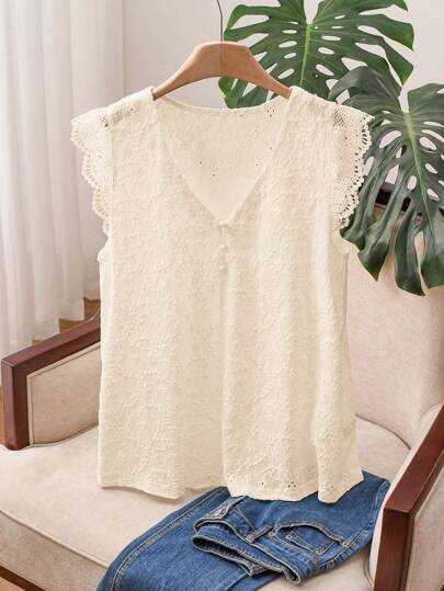 SHEIN Frenchy Camiseta de talla grande con borde de encaje de unicolor, sencilla y elegante, camiseta de manga corta de verano, ropa de mujer para vacaciones y uso diario casual