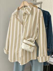 INAWLY 女式宽松前扣条纹印花长袖休闲衬衫 - 白色 - 查看 1